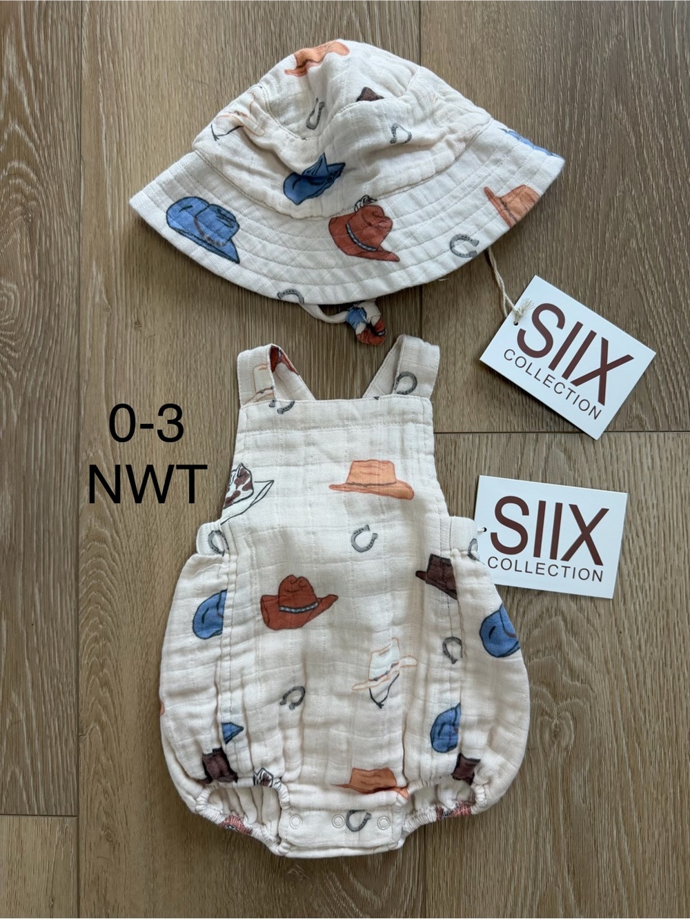 SIIX Collection Cream Baby Matching Hat & Romper Set with Cowboy Hat Print